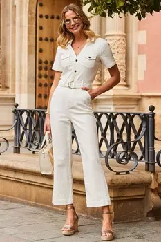 Джинсовый комбинезон с юбкой и брюками и декоративным кольцом Sosandar, бежевый