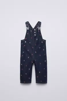 Джинсовый комбинезон с вышитыми цветками ZARA, синий