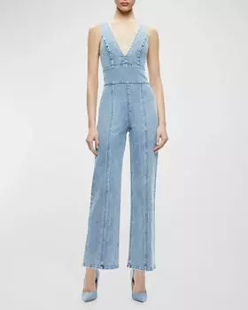 Джинсовый комбинезон Sandra с глубоким V-образным вырезом Alice + Olivia, цвет Sullivan Vintage Blue