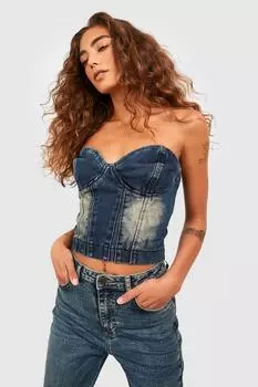 Джинсовый корсетный топ винтажного оттенка Boohoo, синий