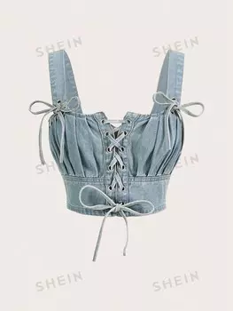 Джинсовый топ MOD, шнуровка спереди, подвернутая грудь Shein, синий