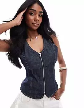 Джинсовый топ Pull&Bear с халтернеем темно-синего цвета