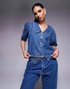Джинсовый топ River Island с рукавами-фонариками в цвете средне-синего оттенка