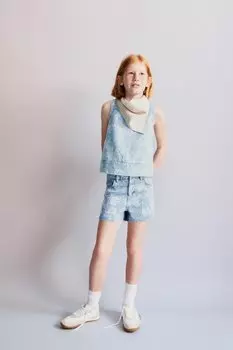 Джинсовый топ с цветочным рисунком ZARA, синий