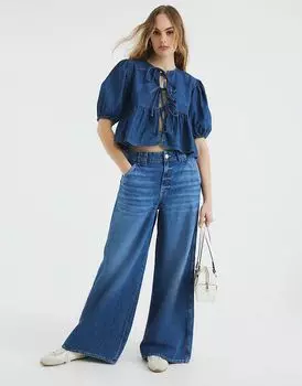 Джинсовый топ с рукавами-фонариками в средне-синем цвете River Island