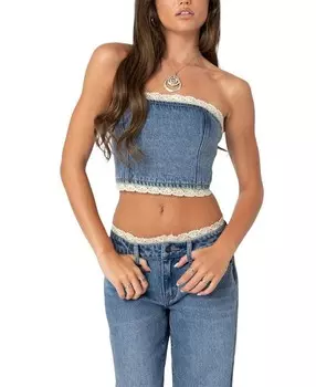 Джинсовый топ-труба Edikted Karlie с кружевной отделкой, синий