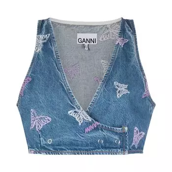 Джинсовый укороченный жилет GANNI с вышивкой, джинсовый