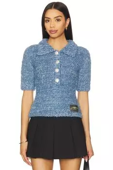 Джинсовый вязаный поло-топ Ganni, light indigo