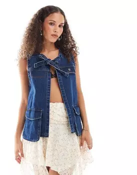 Джинсовый жилет цвета индиго с завязками и карманами Urban Revivo