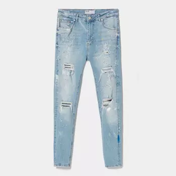 Джинсы Bershka Ripped Paint Splatter Skinny, голубой