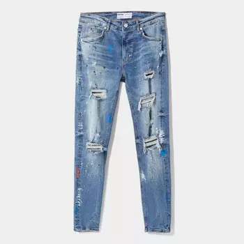 Джинсы Bershka Ripped Paint Splatter Skinny, синий