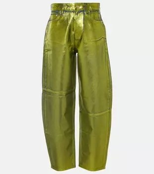 Джинсы бочкообразного кроя с высокой посадкой и эффектом металлик. Ganni, зеленый