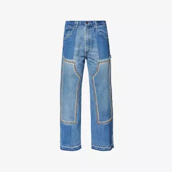 Джинсы деним классического кроя со средней посадкой и двойными необработанными манжетами на коленях Kartik Research, синий