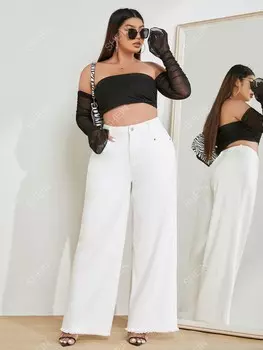 Джинсы Essnce Plus, завышенная талия, потертые края, широкие штанины Shein, белый