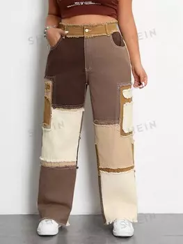 Джинсы EZwear больших размеров, прямой крой, потертые края, прошитый рисунок на ткани Shein, мультиколор