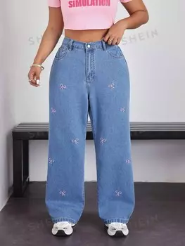 Джинсы EZwear имеют эластичную талию, вышивку-бабочку, комфорт и удобство, брюки прямые, большого размера Shein, синий
