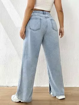 Джинсы EZwear Plus, прямого кроя, с разрезом внизу Shein, светло-голубой