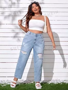 Джинсы EZwear Plus, прямого кроя, завышенная талия, рваные Shein, светло-голубой