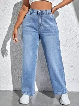 Джинсы EZwear Plus, прямого кроя, завышенная талия Shein, светло-голубой