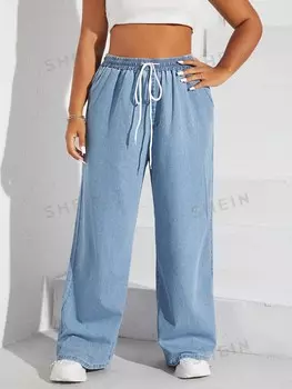 Джинсы EZwear Plus, талия на кулиске, широкие штанины Shein, светло-голубой