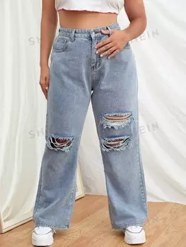 Джинсы EZwear Plus, завышенная талия, рваные колени, широкие штанины Shein, светло-голубой
