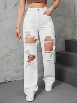 Джинсы EZwear, прямого кроя, завышенная талия, рваные Shein, белый