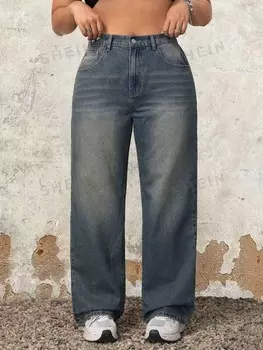Джинсы ICON больших размеров, прямой крой, рисунок из выцветшего денима, модно, можно носить на каждый день Shein, пастельно-синий