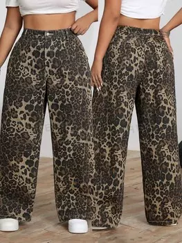 Джинсы ICON, леопардовый принт, прямые брючины, широкие брючины, эластичная талия, удобные в носке, специальный размер Shein, коричневый