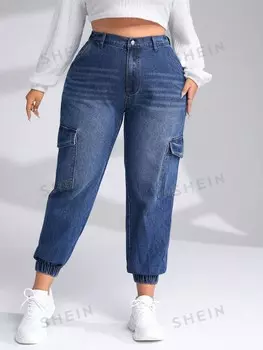 Джинсы-карго EZwear Plus, завышенная талия, боковые карманы с клапанами Shein, тёмно-синий