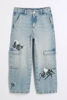 Джинсы карго с граффити для мальчиков River Island, синий