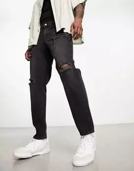 Джинсы классического кроя ASOS из жесткого денима черного цвета с рваными краями