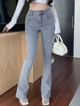 Джинсы-клеш, украшенные стразами, облегающие женские модели Dazy, светло-голубой