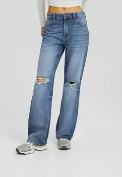Джинсы-клеш Wide-Leg Ripped Bershka, цвет blue denim