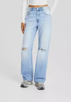 Джинсы-клеш Wide-Leg Ripped Bershka, цвет light blue denim