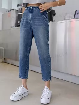Джинсы Kpop, мамский стиль, высокая талия, укороченный фасон Dazy, синий