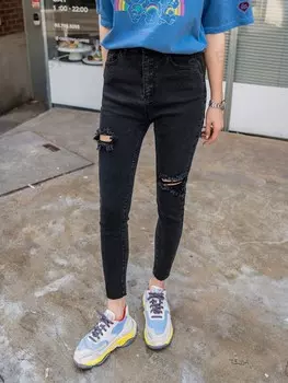 Джинсы Kpop, рваные, скинни, однотонные Dazy, черный