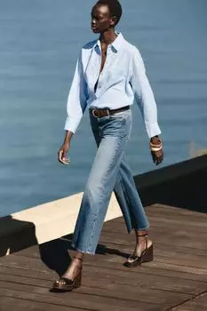 Джинсы-кюлоты z1975 с высокой талией и поясом ZARA, средне-синий
