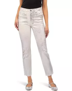 Джинсы KUT from the Kloth Reese High Rise Fab Ab Ankle Straight Raw Hem, цвет Metallic Silver