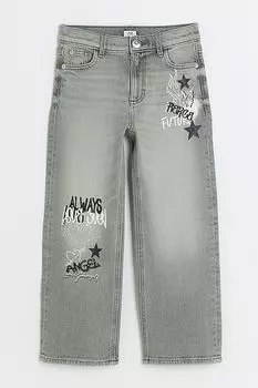 Джинсы «мама» для девочек с принтом «граффити» River Island, серый