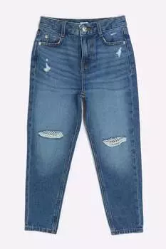 Джинсы Mom для девочек с сеткой и ромбами River Island, синий
