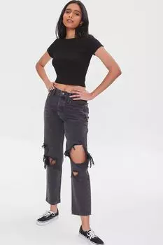 Джинсы Mom с потертостями из переработанного хлопка Forever 21, черный