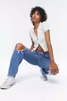 Джинсы Mom с потертостями из переработанного хлопка Forever 21, деним