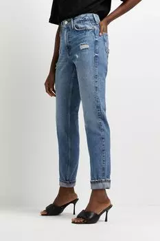 Джинсы мом с высокой талией и подвернутыми штанинами River Island, синий
