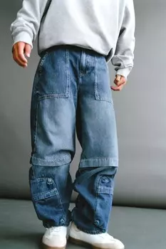 Джинсы multi-cargo wideleg ZARA, средне-синий