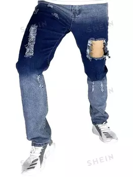 Джинсы мужские, украшенные рваными линиями, стираные Romwe, тёмно-синий