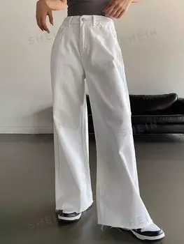 Джинсы однотонные, широкие, со скошенными карманами и бахромой, подходят для всех сезонов Dazy, белый