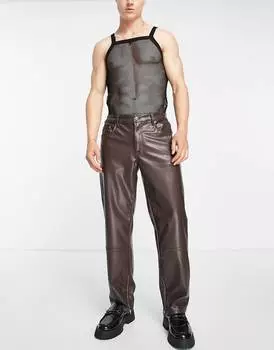 Джинсы прямого кроя из коричневой кожи с застежкой-молнией ASOS DESIGN