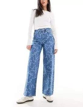 Джинсы прямого кроя с бантами по всей поверхности, средне-синего цвета Threadbare