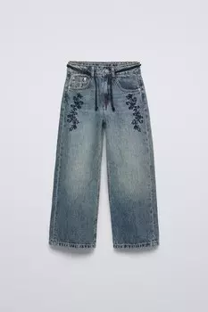 Джинсы прямого кроя с цветочной вышивкой ZARA, синий