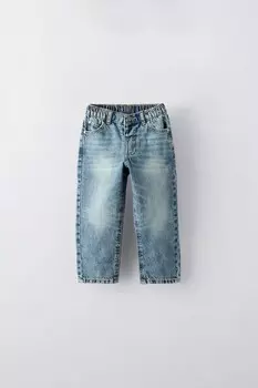 Джинсы прямого кроя с лозунгом ZARA, средне-синий